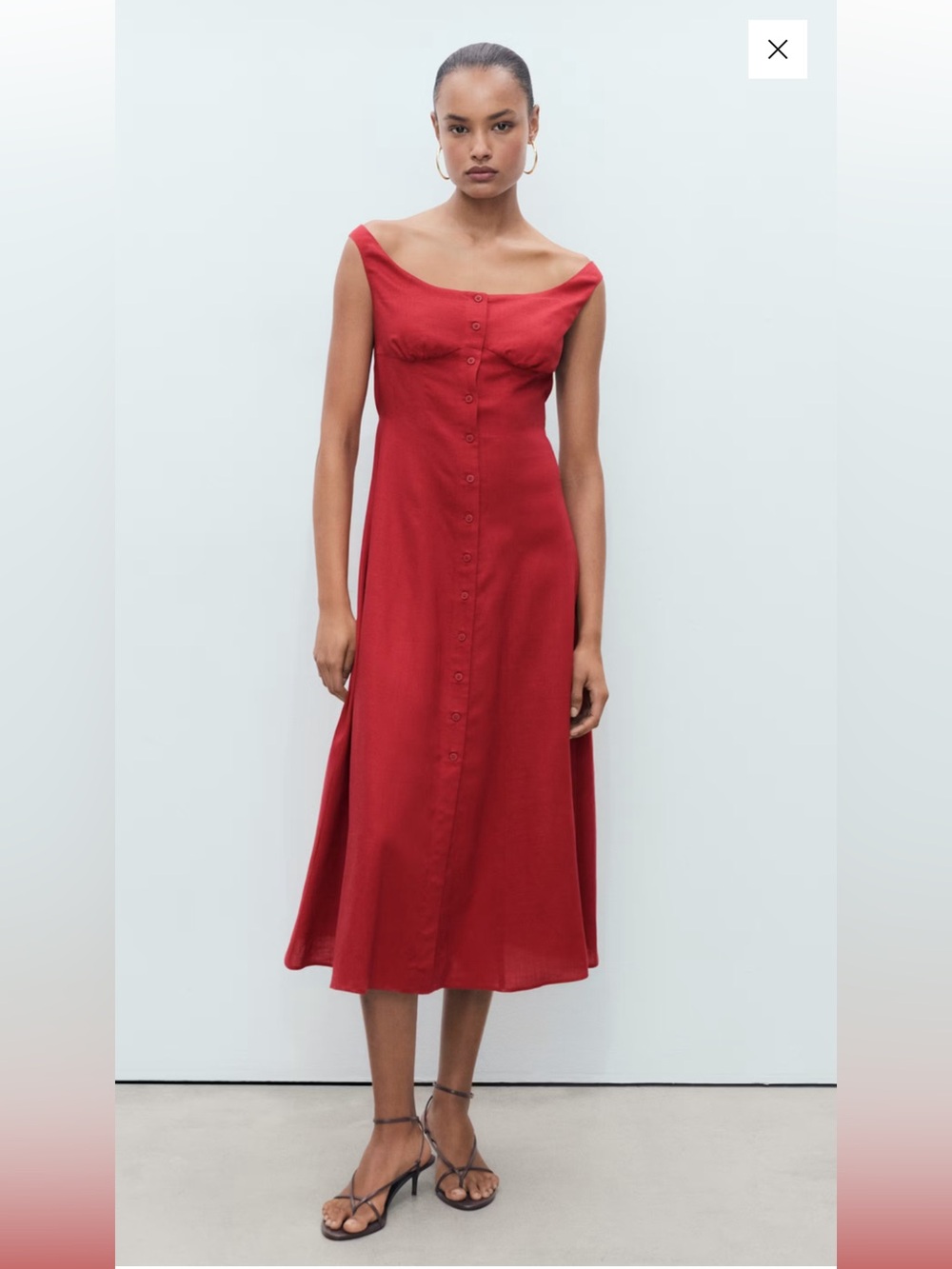 Mango Linen Blend Red Button Midi Dress size Medium size 6